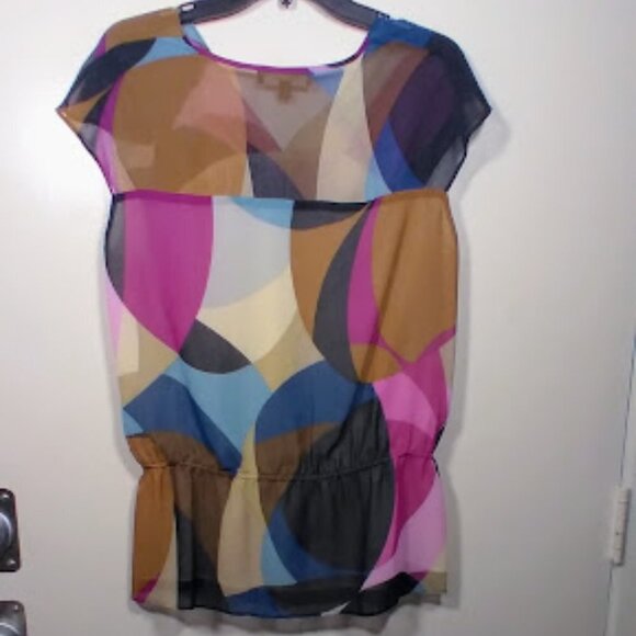 Ellen Tracy Colorful Semi Sheer V-Neck Top with Cap Sleeves Size: M - Picture 3 of 11
